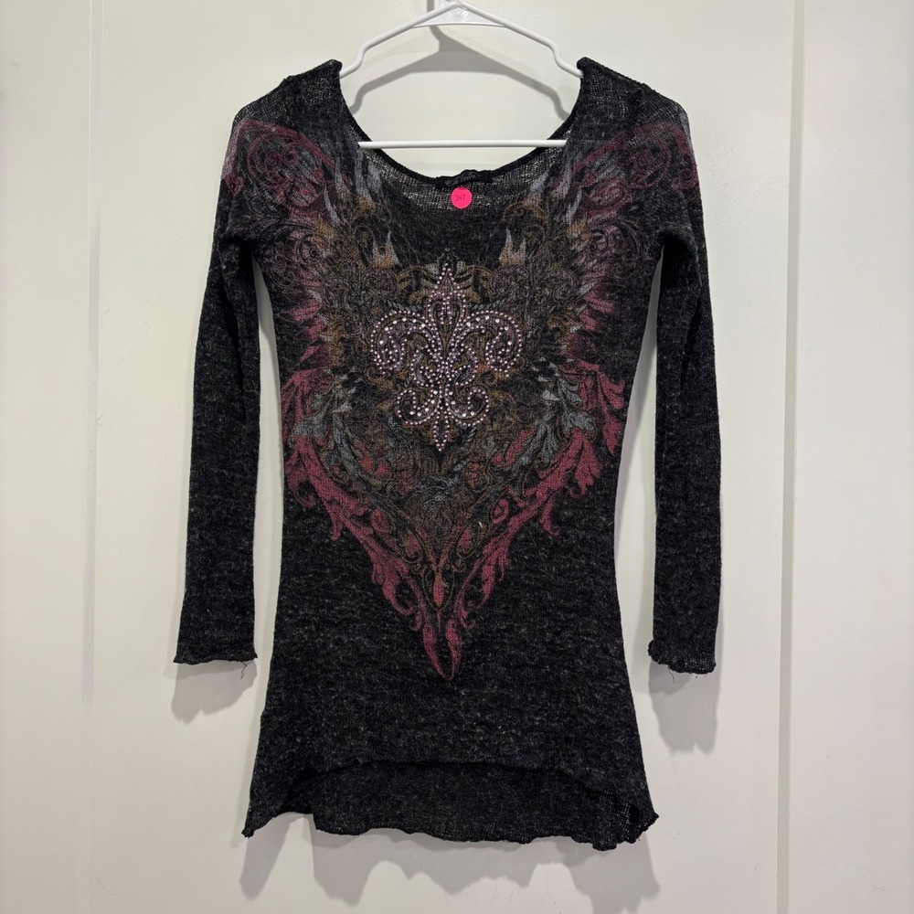 In Vein Gothic Fleur De Lis Rhinestone Knit Tunic Top Charcoal Grey Y2K McBling